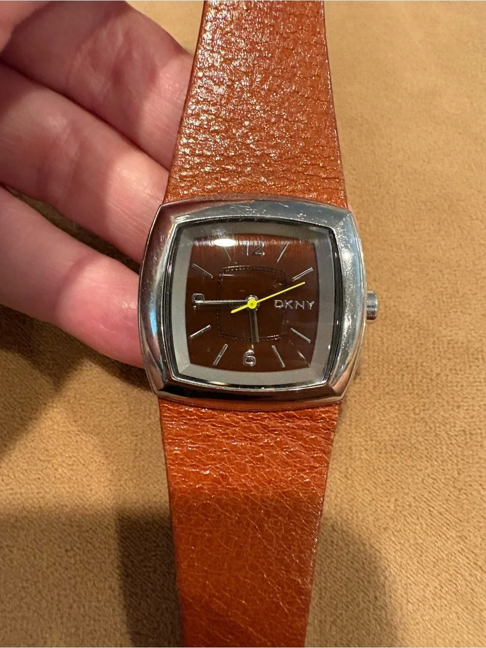 DKNY Brown Dial Watch with Silver Bezel and Tan Leather Strap